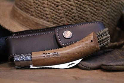 Opinel No. 08 Mushroom Knife – Pick + Clean Mushrooms, Beechwood Handle, Integrated Brush, Curved Sandvik Steel Blade, Made in France