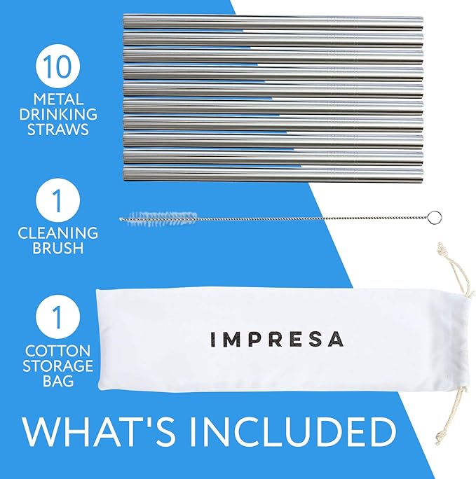 Impresa Stainless Steel Boba Straw Set - 10 Pack - Great for Bubble and Boba Tea, Smoothies, or Shakes - Extra Wide and Reusable Boba Straws - Includes Cotton Storage Bag and Cleaning Rod (8.5" Long)