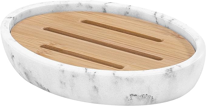 Luxspire Soap Dish Tray, Bathroom Soap Dish, Bamboo Soap Bar Holder for Shower Kitchen Sink, Double Layer Draining Soap Container Box, Wood Soap Case, Bathroom Marble Soap Tray