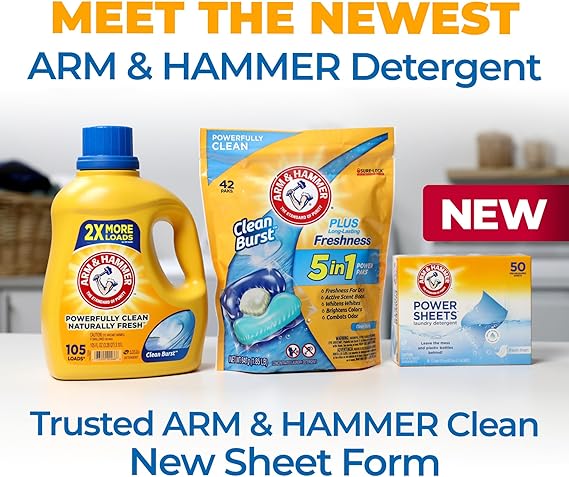 Arm & Hammer Power Sheets Laundry Detergent, Fresh Linen 50ct, up to 100 Small Loads (Packaging may vary)