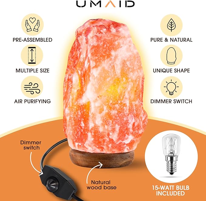 UMAID Himalayan Salt Lamp 8-10 inch (7-11 lb), Salt Rock Lamp Includes Dimmable Switch & Night Light Bulb on Handcrafted Wooden Base, Himalayan Pink Salt Lamp is Made with Natural Himalayan Rock Salt