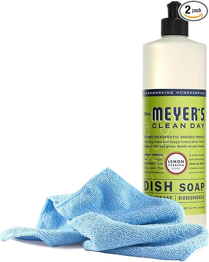 Black Swan Distributors - Mrs Meyer's Lemon Verbena Dish Soap (16 fl oz) & Non-Abrasive, Washable Microfiber Cleaning Cloth (15x15 in) - Household Essentials Kit