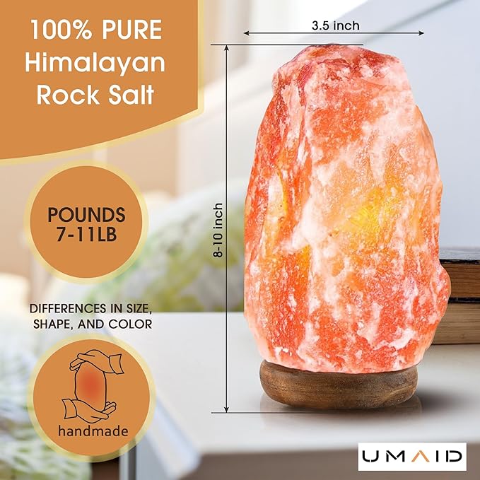 UMAID Himalayan Salt Lamp 8-10 inch (7-11 lb), Salt Rock Lamp Includes Dimmable Switch & Night Light Bulb on Handcrafted Wooden Base, Himalayan Pink Salt Lamp is Made with Natural Himalayan Rock Salt