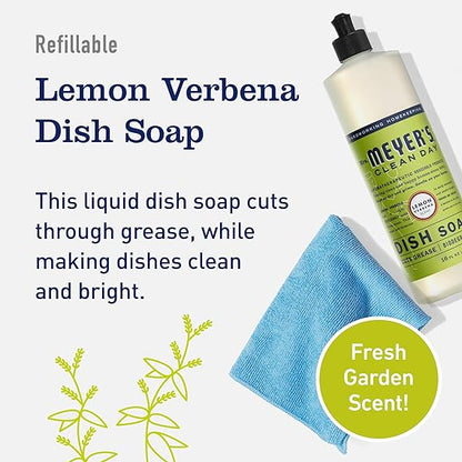 Black Swan Distributors - Mrs Meyer's Lemon Verbena Dish Soap (16 fl oz) & Non-Abrasive, Washable Microfiber Cleaning Cloth (15x15 in) - Household Essentials Kit